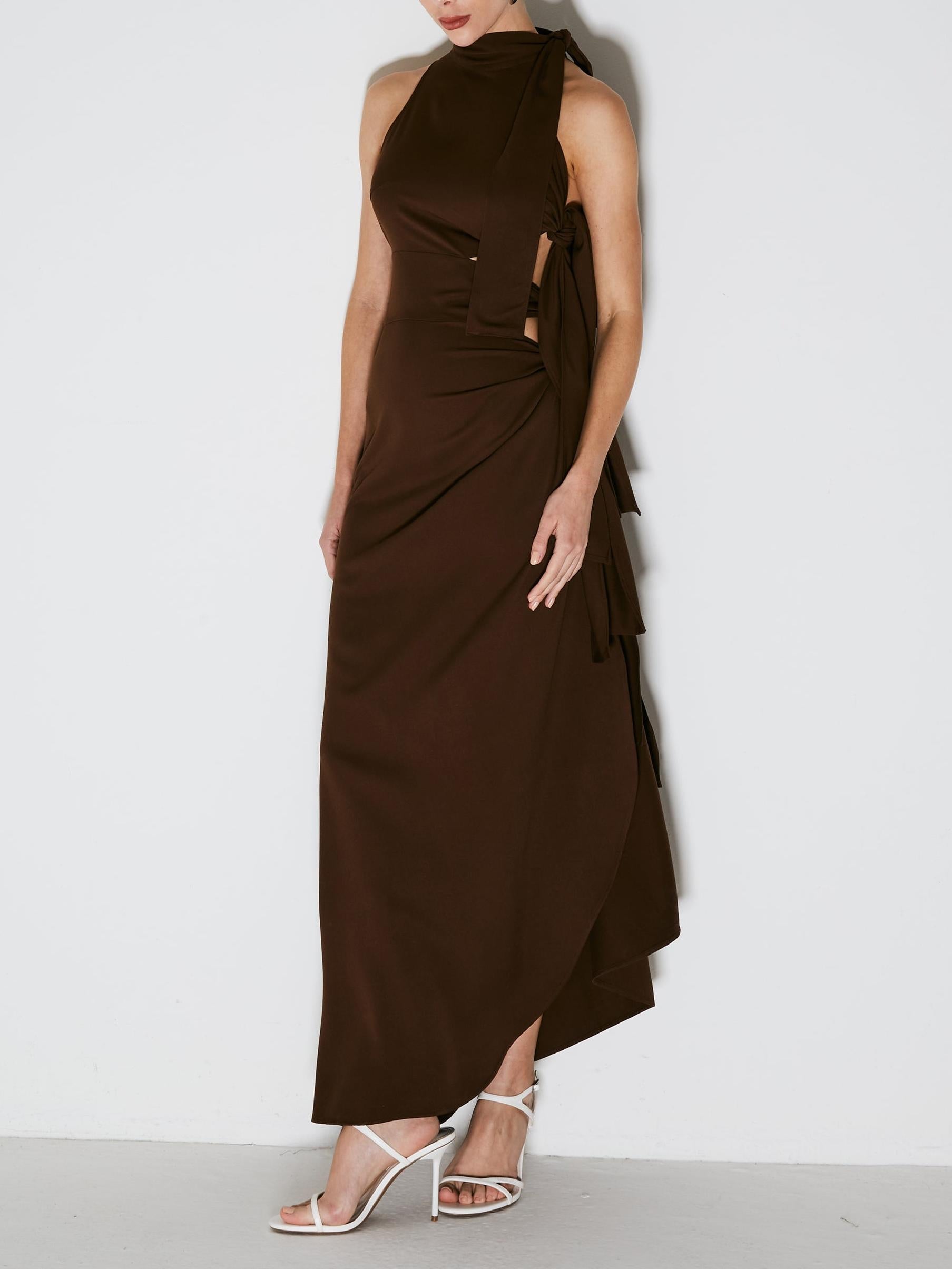 High Neck Sleeveless Side Cutout Tie Detail Wrap Maxi Dress