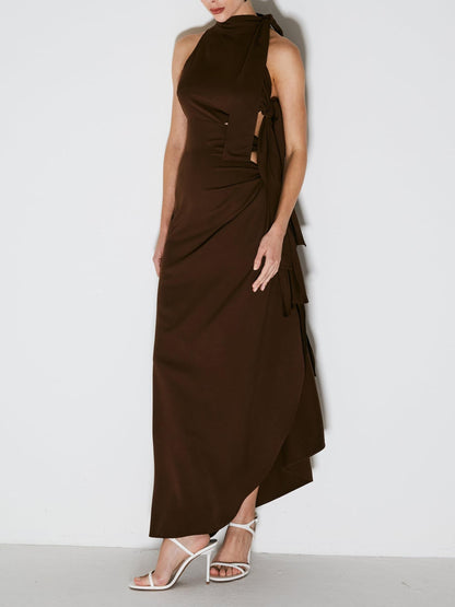High Neck Sleeveless Side Cutout Tie Detail Wrap Maxi Dress