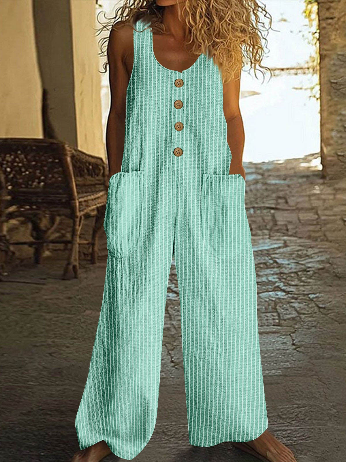Button-up Pocket Loose Casual Striped Cotton Linen Overalls