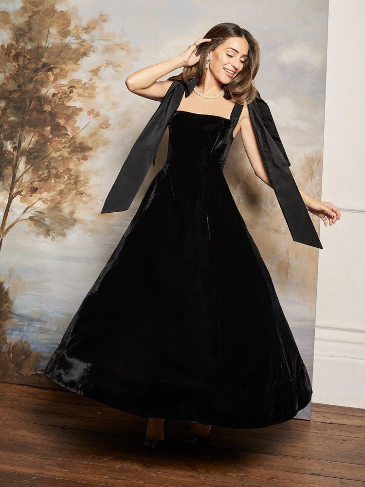 Square Neck Tie Shoulder Bow Detail Velvet Ballgown Maxi Dress