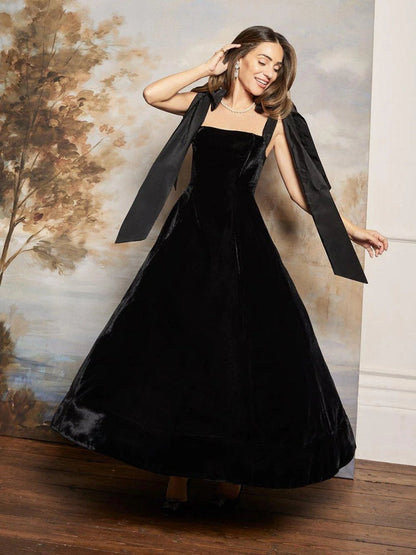 Square Neck Tie Shoulder Bow Detail Velvet Ballgown Maxi Dress