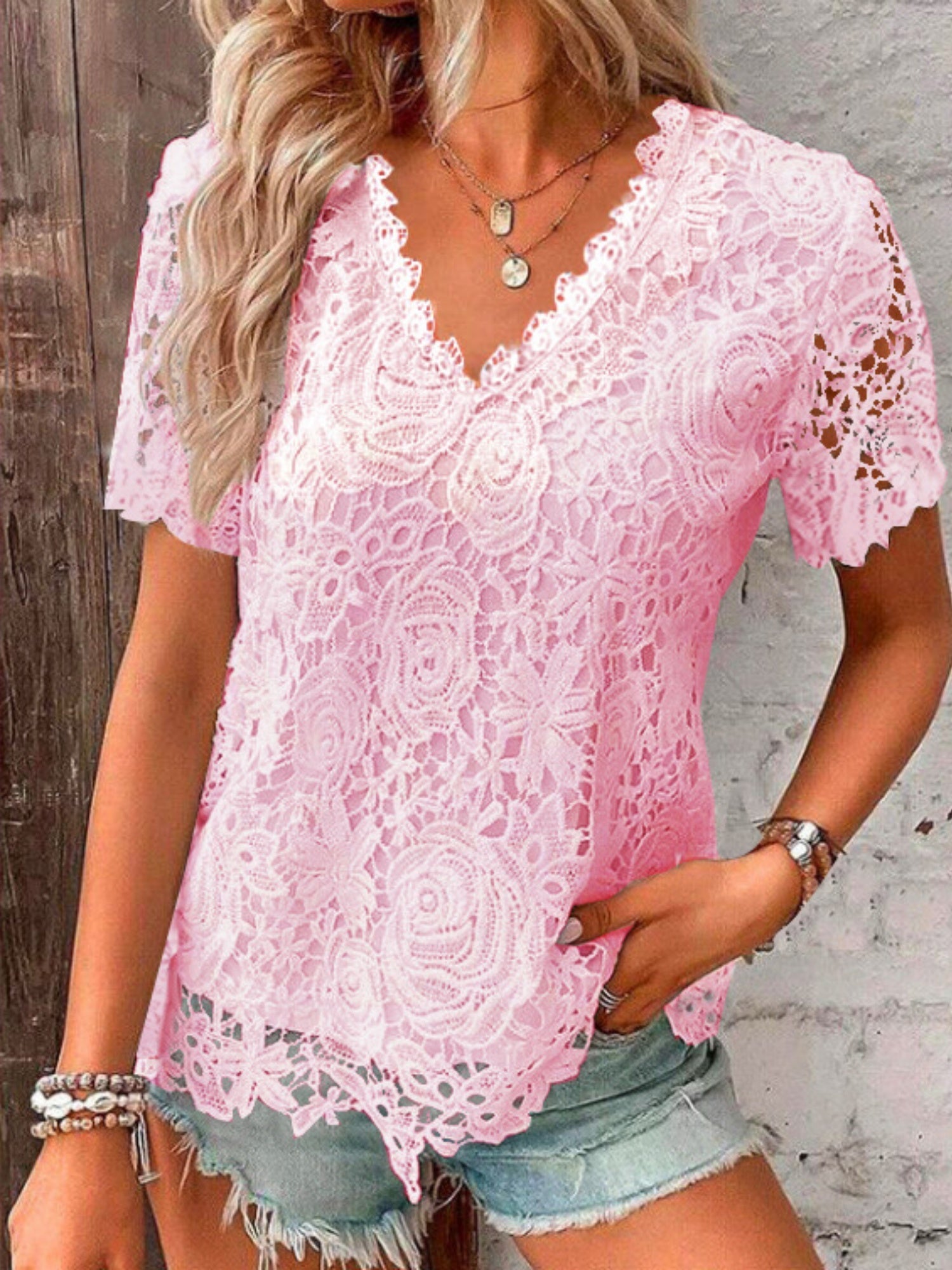 Lace Trim V-neck Short-sleeved T-shirt