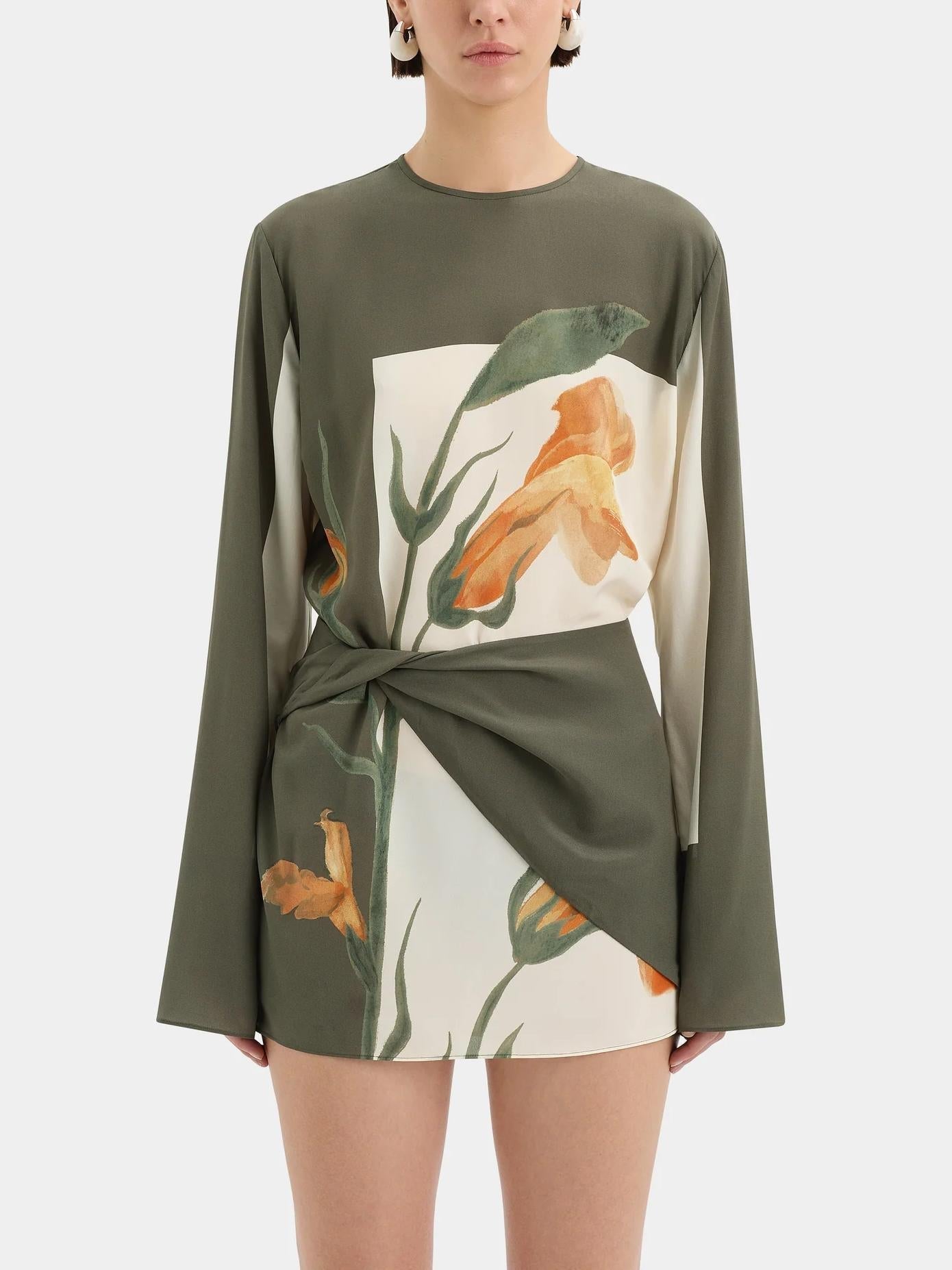 Crew Neck Long Sleeve Twist Front Lily Print Panel Mini Dress