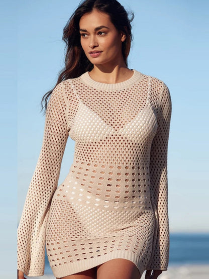 Hollow Knitting Hip-hugging Long Sleeve Sexy Cover Ups