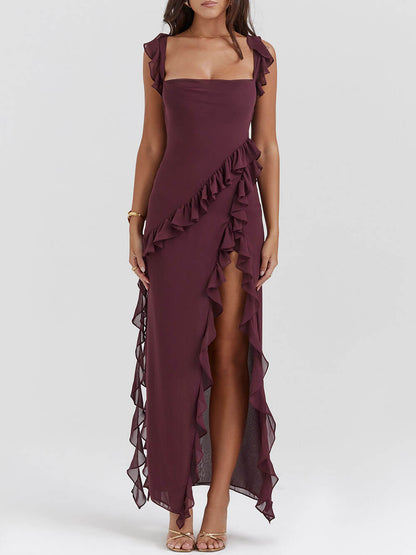 Square Neck Ruffle Strap Cascading Ruffle High Split Maxi Gown