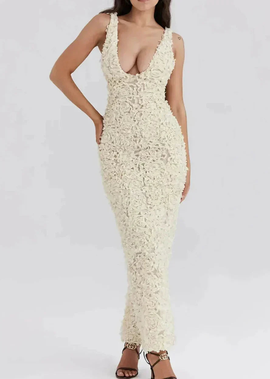 Petal Rosette Applique Plunging Scoop Neck Sleeveless Bodycon Maxi Dress