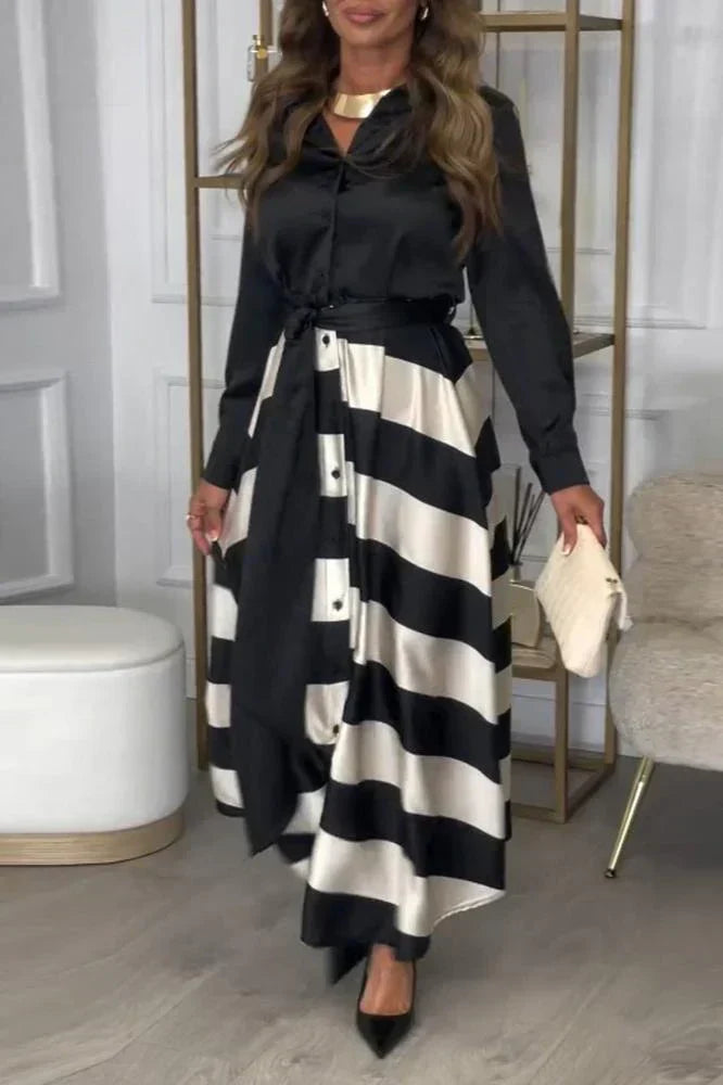 Collared Long Sleeve Button Down Tie Waist Striped Maxi Dress