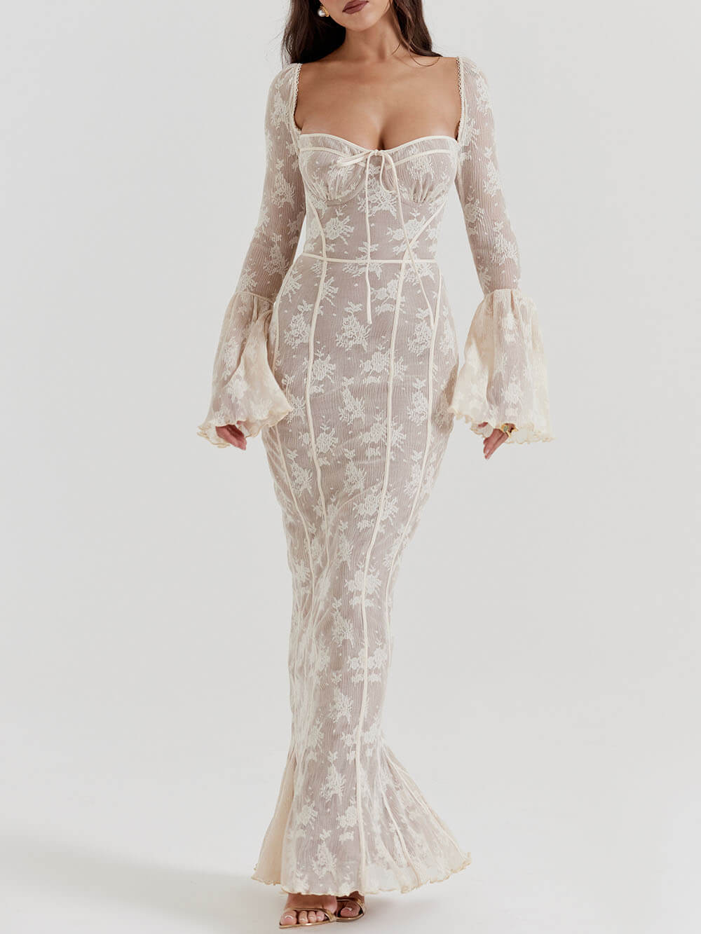 Square Neck Tie Front Bust Long Sleeve Bell Cuff Floral Lace Overlay Mermaid Maxi Dress