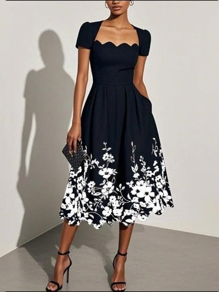 Floral Print Square Neck Midi Dress