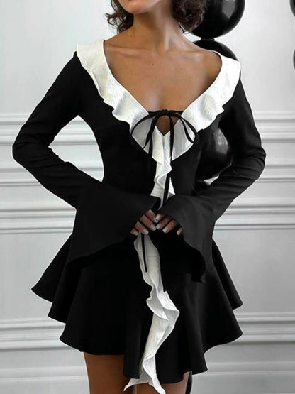 Color-blocked Ruffle Pointed Collar Tie  Flare Sleeve Mini&Short Dresses
