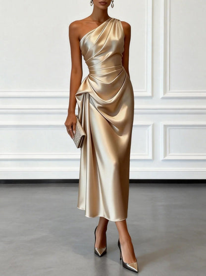 Off-the-shoulder Satin Pleated Midi Dress