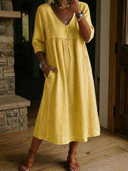 Lace Trim Linen Cotton V-neck Maxi Dresses