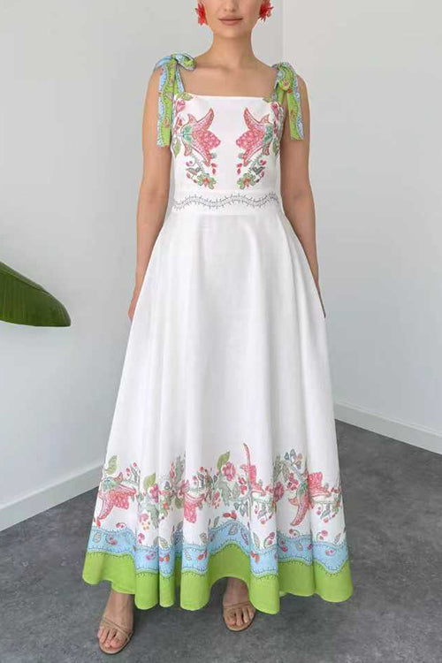 Bow Shoulder Sleeveless Floral Print Maxi Dress