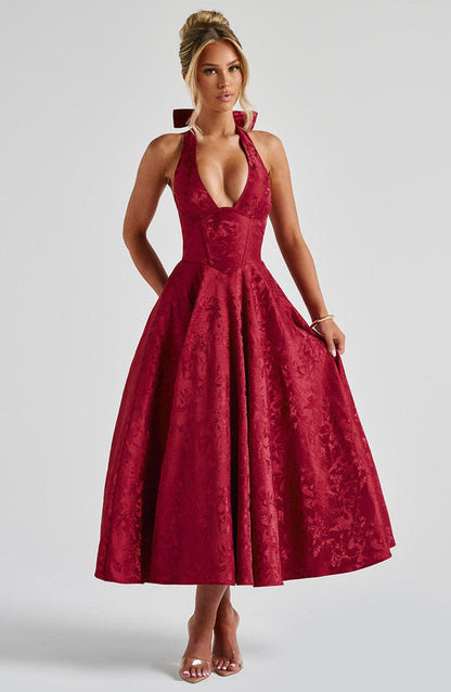Halter Neck Satin Midi Dress | A-Line Silhouette