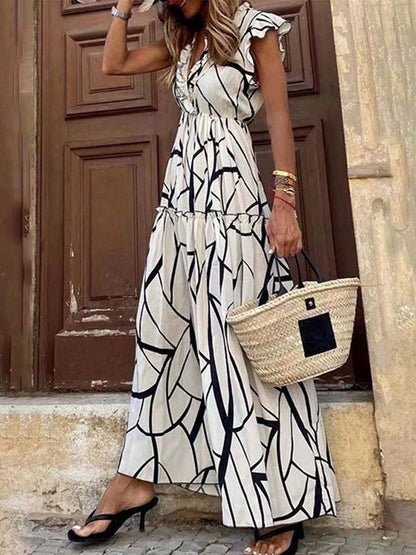 Ruffle V-Neck Flutter Sleeve Elastic Waist Tiered Geometric Print Maxi Dress