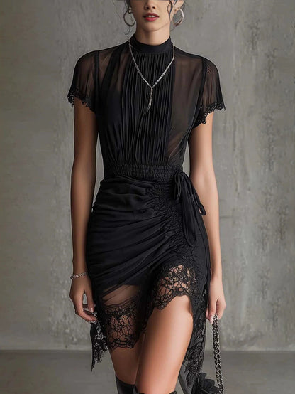 Black Sheer Lace-trimmed Slim-fitting High-slit Short Dress