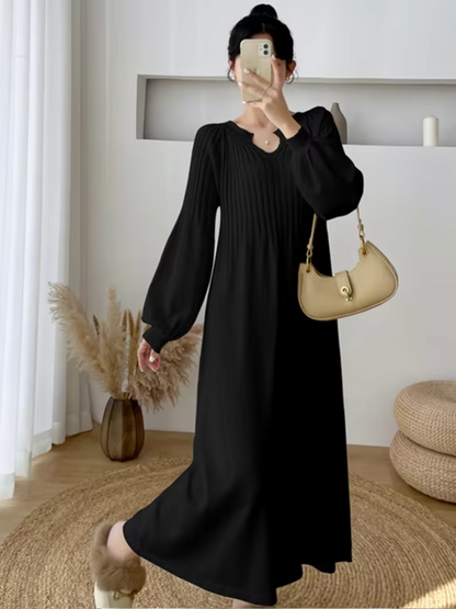 V-Neck Bishop Sleeve Rib Knit A-Line Maxi Sweater Dress