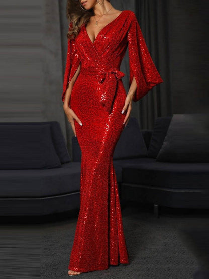 Slit Solid Color Sequin Splicing Maxi Dresses