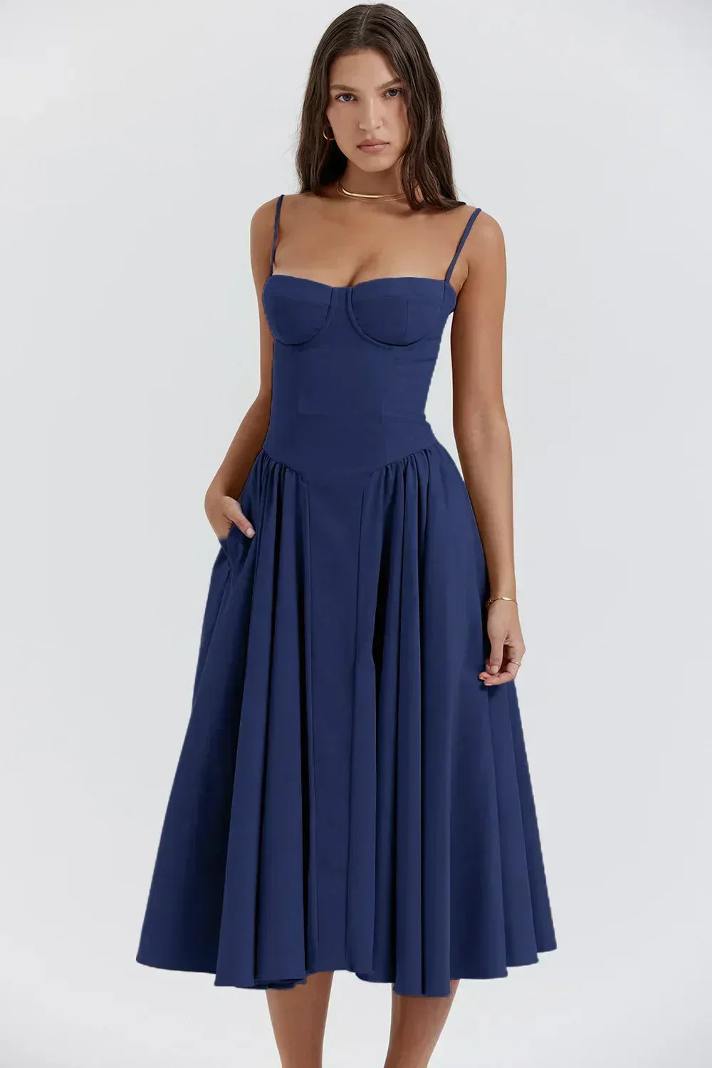 Corset Bustier Spaghetti Strap Basque Waist Pleated Midi Dress