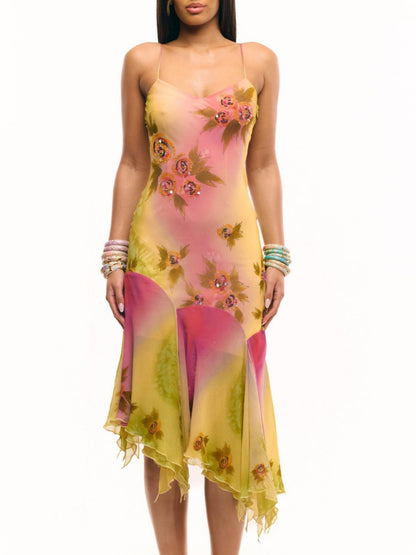 Embroidery Print Ruffled Hem Camisoles Mini&Short Dresses