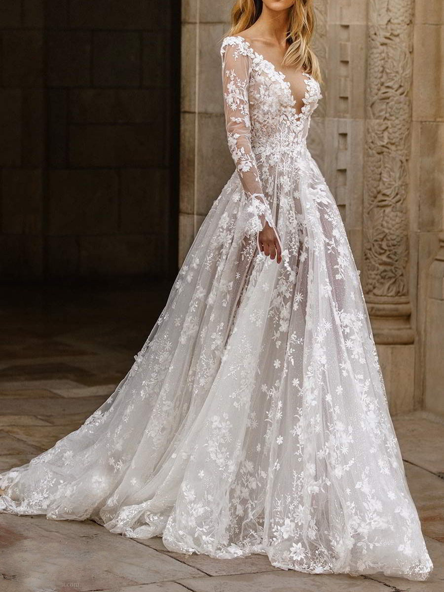 Sexy Long Sleeve V-neck Thin Bridal Wedding Maxi Dresses