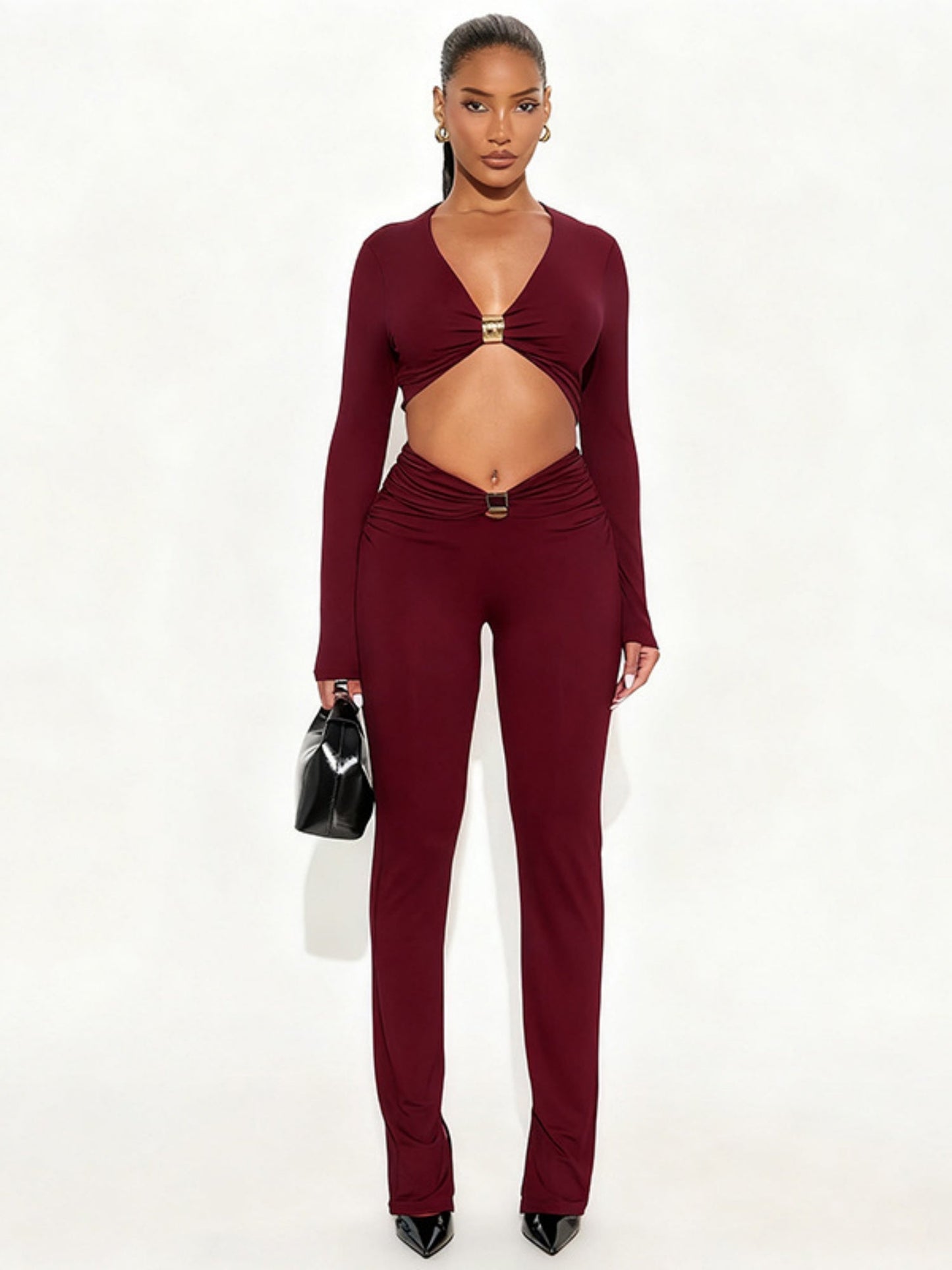 Metal Decoration Pleated Long-sleeved Top Tight High-waisted Trousers 2-piece Sets