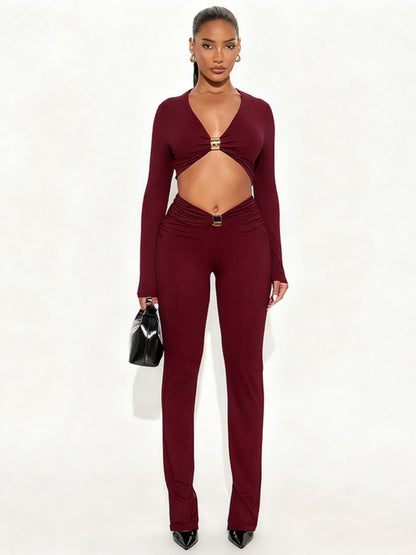 Metal Decoration Pleated Long-sleeved Top Tight High-waisted Trousers 2-piece Sets