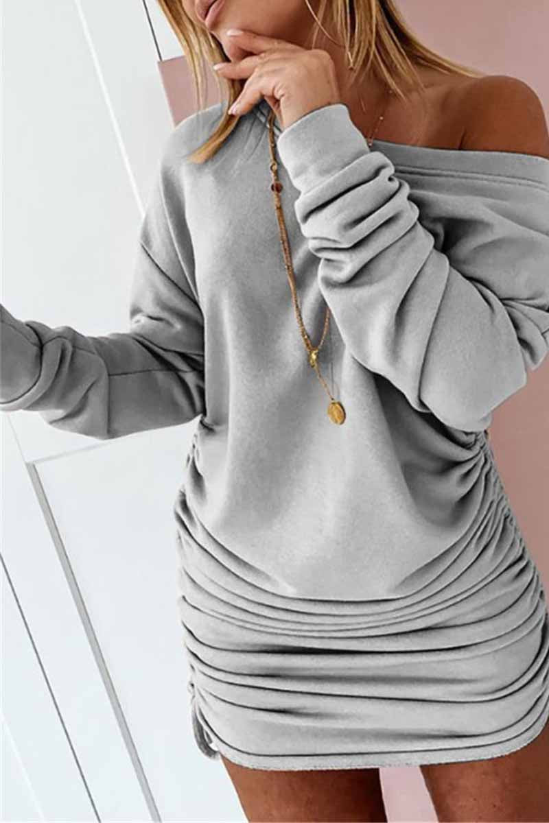 Off-Shoulder Asymmetric Neckline Side Ruched Drawstring Sweatshirt Mini Dress
