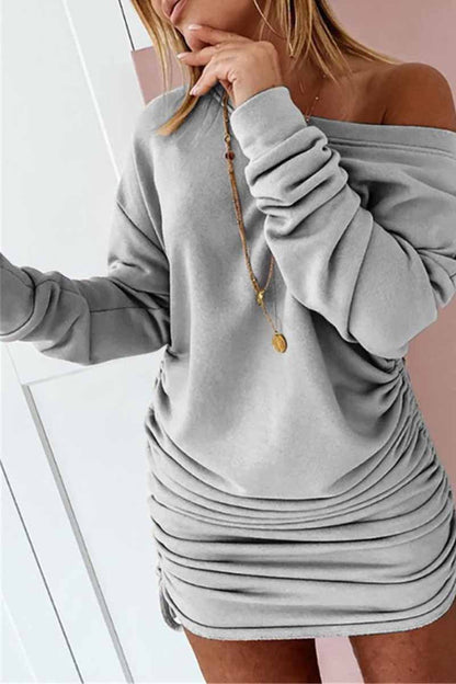 Off-Shoulder Asymmetric Neckline Side Ruched Drawstring Sweatshirt Mini Dress