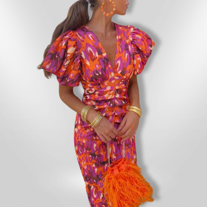 Abstract Print Puff Sleeve Deep V-Neck Ruched Bodycon Midi Dress