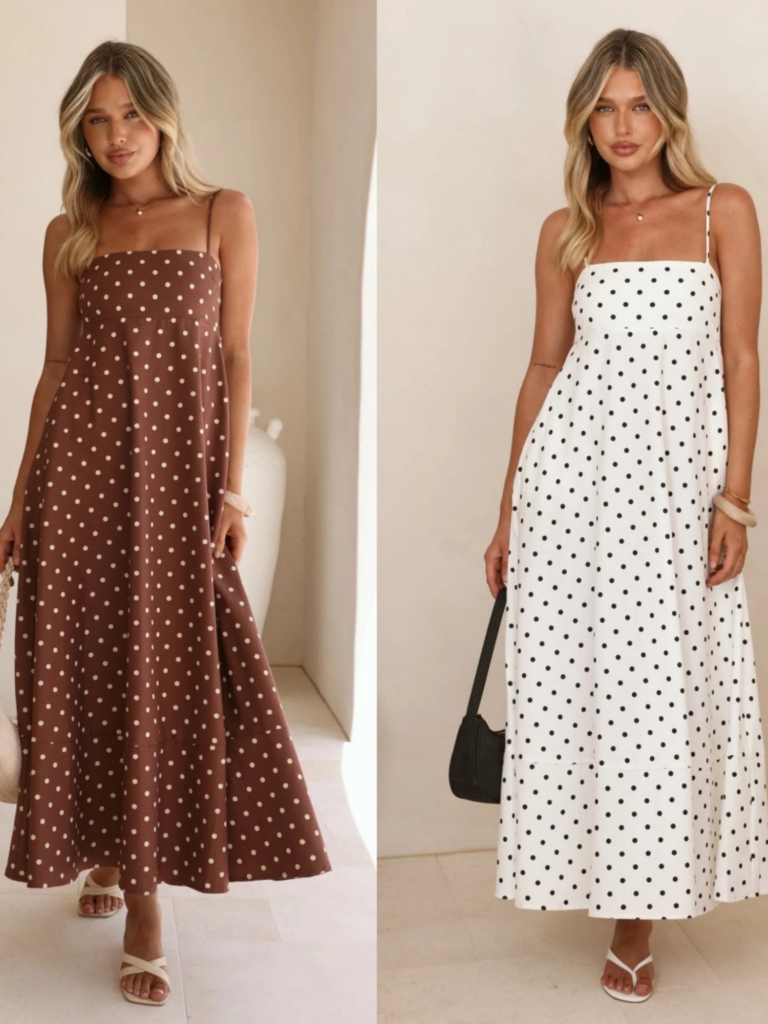 Polka Dots High-waisted Halter Top Large Skirt Maxi Dresses