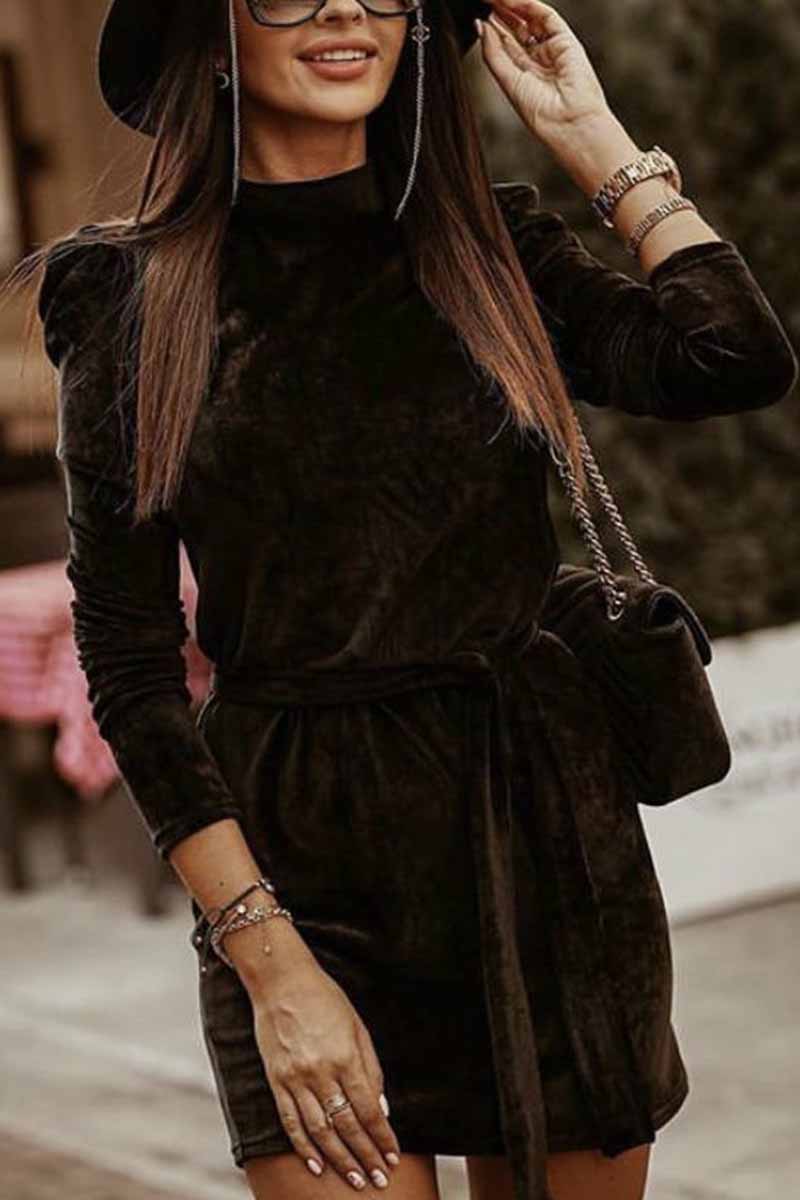 Velvet Puff Shoulder Tie-Waist Long Sleeve Mini Dress