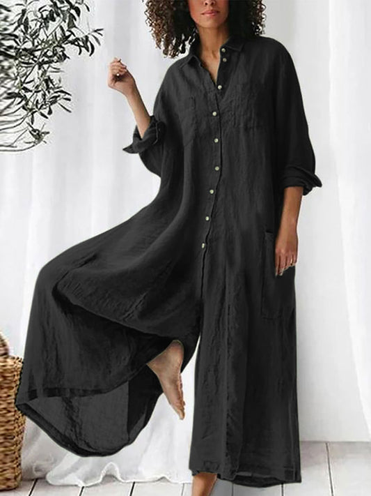 Long-sleeved Mid-length Cotton Linen Shirt Jumpsuit