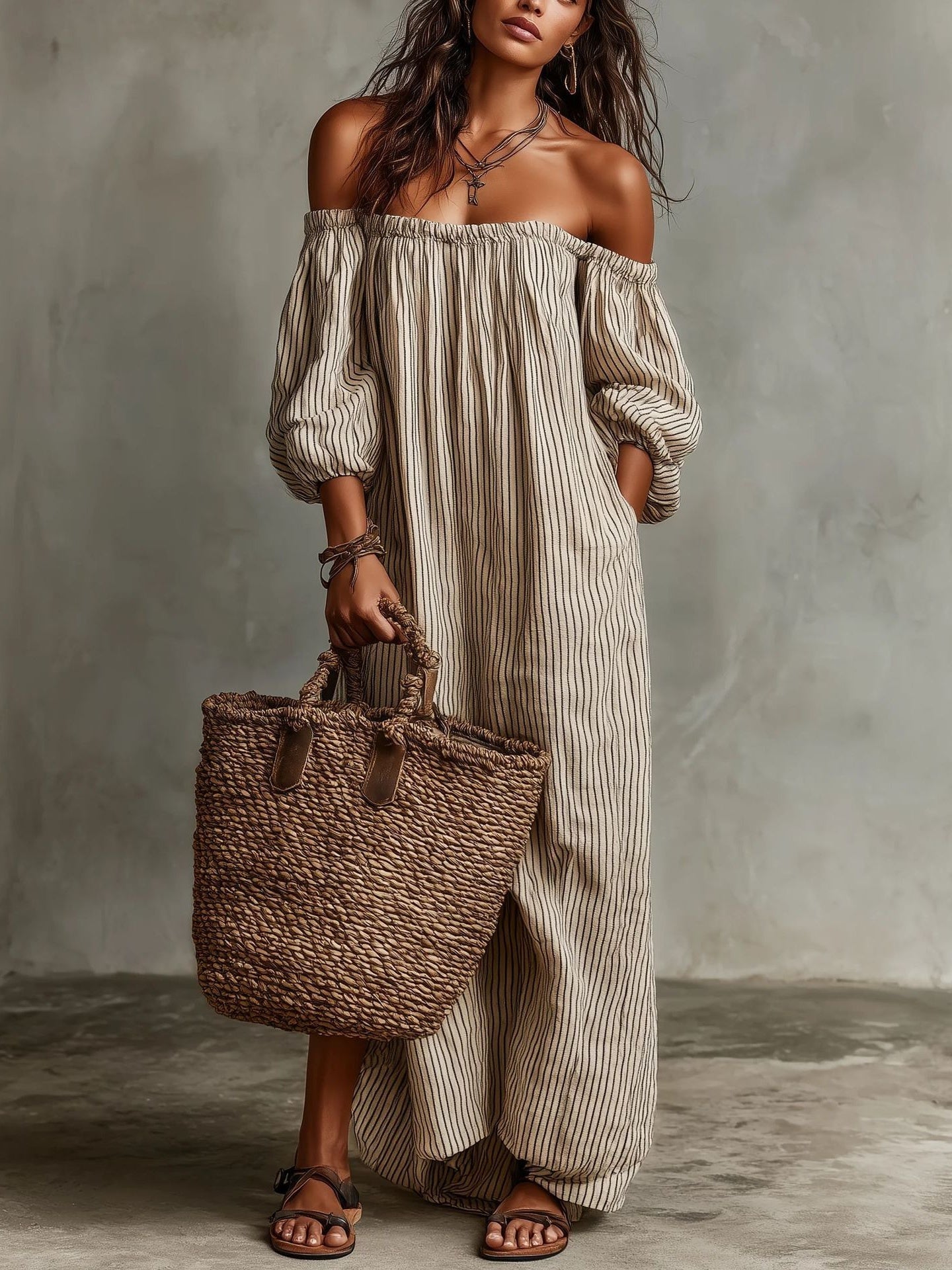 Striped Off-the-shoulder Linen Resort-style Long-sleeved Dress