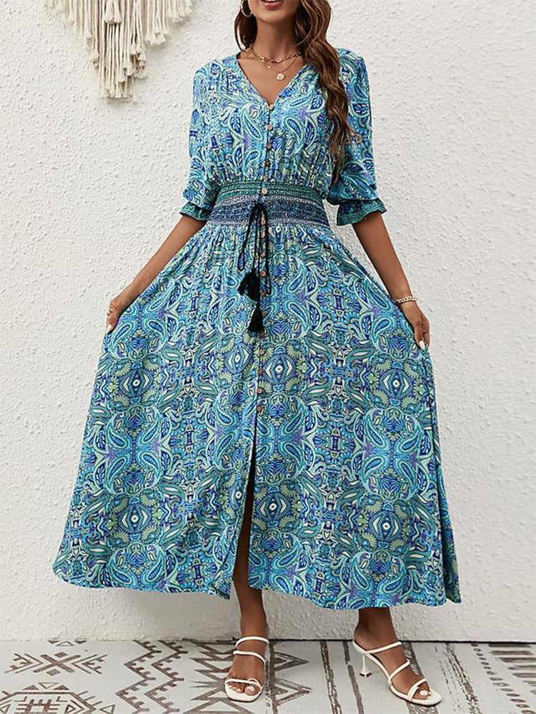 V Neck Button Front Smocked Waist Paisley Print High Slit Maxi Dress