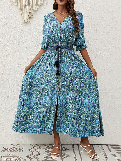 V Neck Button Front Smocked Waist Paisley Print High Slit Maxi Dress
