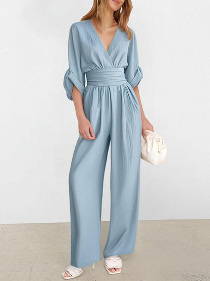 V-neck Waist Mid-length Sleeves Wide Leg Temperament Commuting Jumpsuits