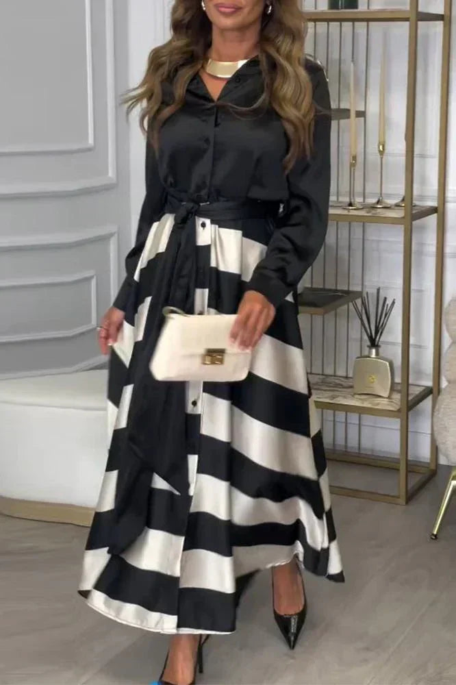 Collared Long Sleeve Button Down Tie Waist Striped Maxi Dress