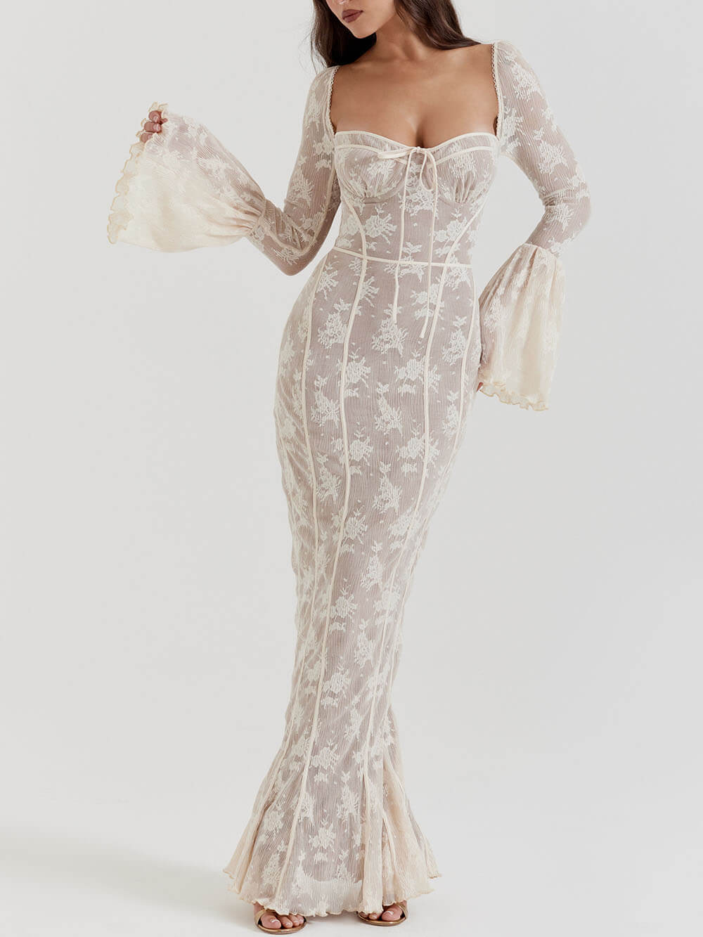 Square Neck Tie Front Bust Long Sleeve Bell Cuff Floral Lace Overlay Mermaid Maxi Dress