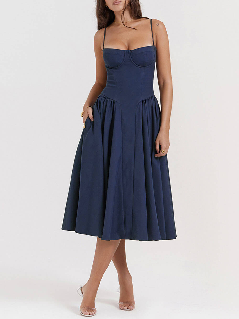 Sweetheart Bustier Spaghetti Strap Dropped Waist Pleated Pocket Midi Dress