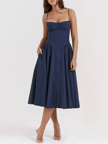 Sweetheart Bustier Spaghetti Strap Dropped Waist Pleated Pocket Midi Dress