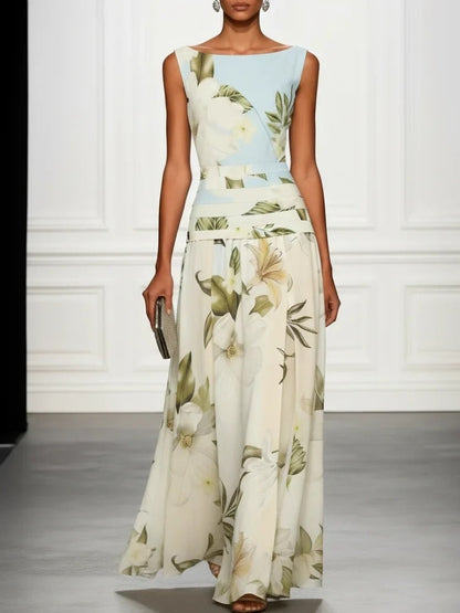 V-neck Retro Floral Print Sleeveless Backless Fitted Waist Long Dress