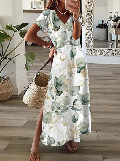 Botanical Leaf Print V-Neck Short Sleeve Side Slit Maxi Dress