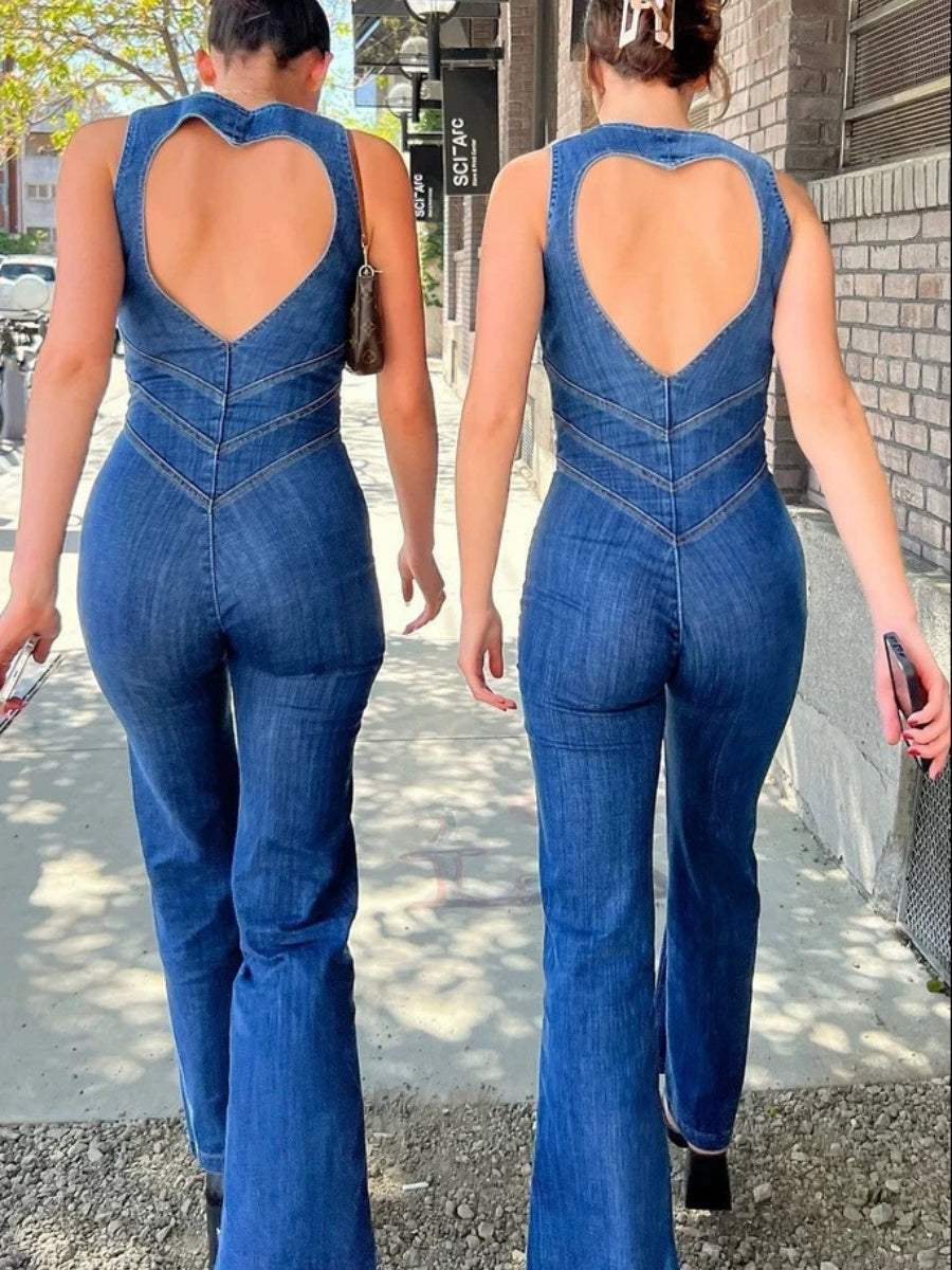 Denim Love High Waist Hollow Backless Jumpsuits