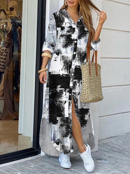Abstract Brushstroke Print Collar Button Front High Low Slit Maxi Shirt Dress