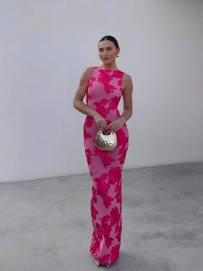 Sexy Bodycon Maxi Dress With 3D Flocked Floral Pattern