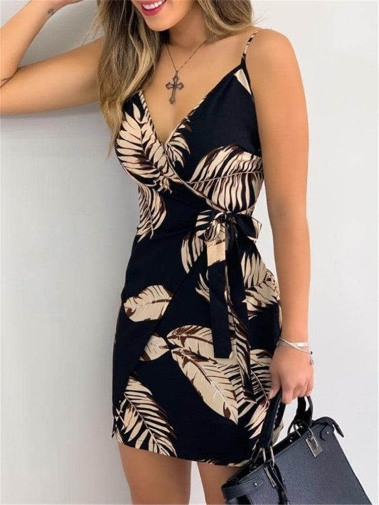 Tropical Palm Leaf Print Wrap Tie Waist Spaghetti Strap Mini Dress