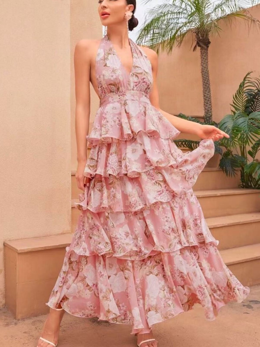 V-neck Spaghetti Strap Multi-layered Floral Print Long Dress