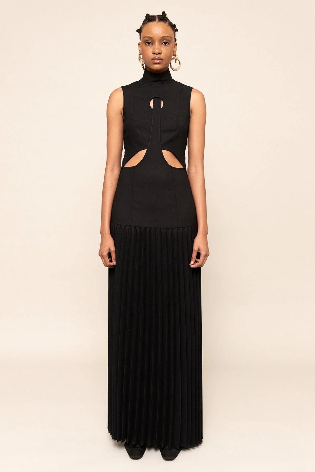 Mock Neck Sleeveless Keyhole Cutout Accordion Pleated Maxi Dress