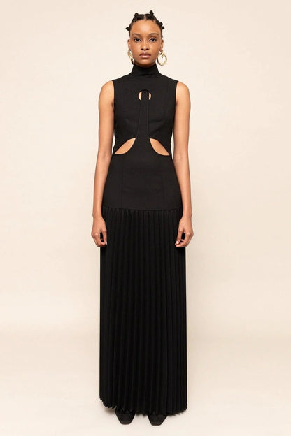 Mock Neck Sleeveless Keyhole Cutout Accordion Pleated Maxi Dress